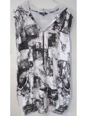 Black White Tree Branch Abstract Zip Hoodie Tunic Dress Pockets Sz M Sleeveless